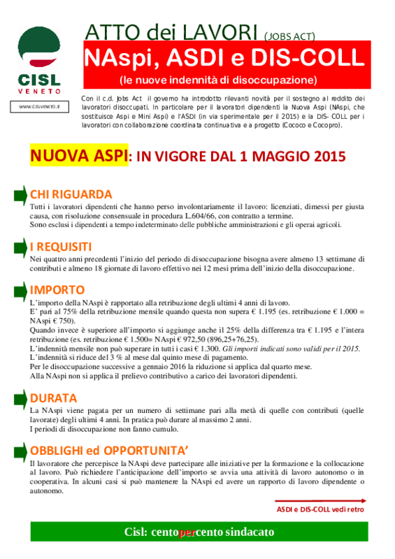Cisl Veneto - Jobs Act - nuove indennità di disoccupazione - volantino gennaio 2015