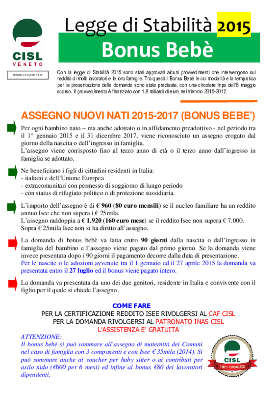 Cisl Veneto - Bonus Bebè 2015-2017 - volantino maggio 2015