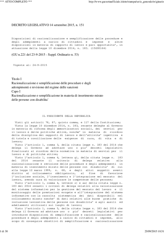 Decreto Legislativo 151/2015 - Semplificazioni