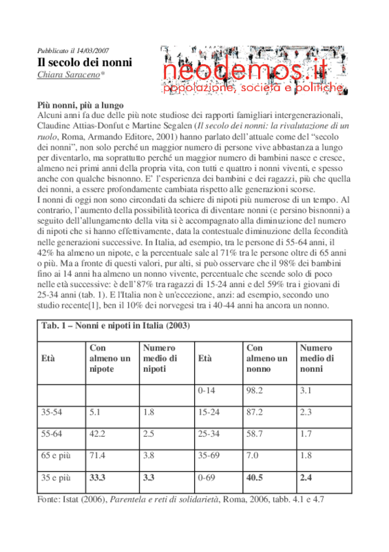 Chiara Saraceno: Il secolo dei nonni. Neodemos 2007