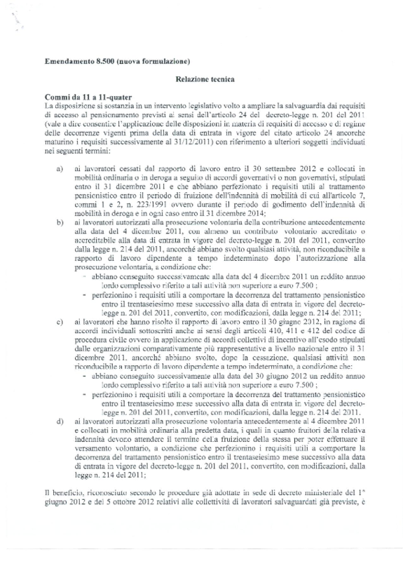 Esodati_ relazione tecnica emendamento art.2 comma 16_ Commissione Bilancio_13-10-2012