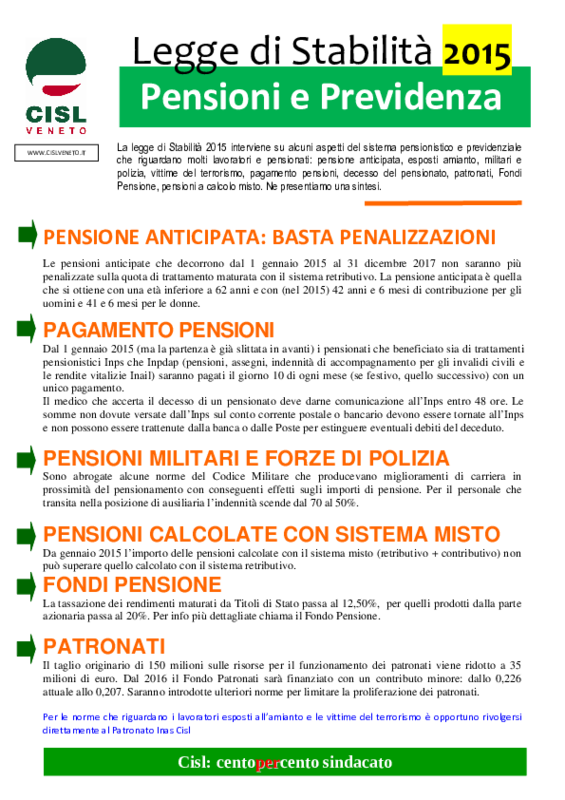 Cisl Veneto - Legge di Stabilità 2015 - pensioni e previdenza - volantino gennaio 2015