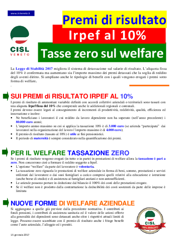 Stabilità 2017 - Detassazione Premio di risultato - Cisl Veneto