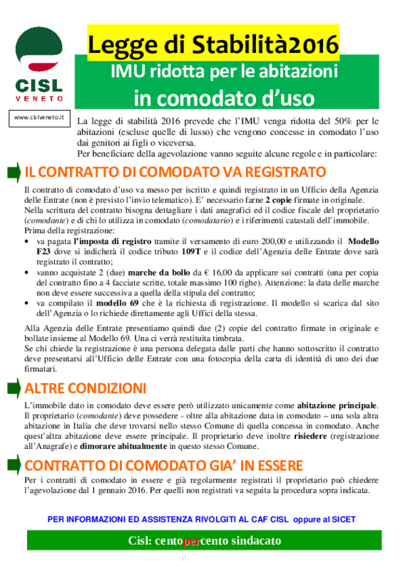 Stabilità 2016 - Comodato d'uso - Cisl Veneto