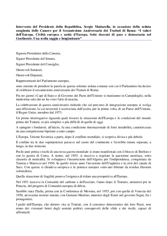 Intervento Mattarella Montecitorio_60esimo Trattati di Roma