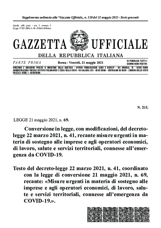 Decreto Sostegni bis (GU Serie Generale n.120 del 21-05-2021 - Suppl. Ordinario n. 21)