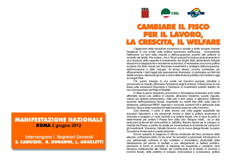 Manifestazione 2 Giugno 2012 Roma. Volantone Cgil Cisl Uil