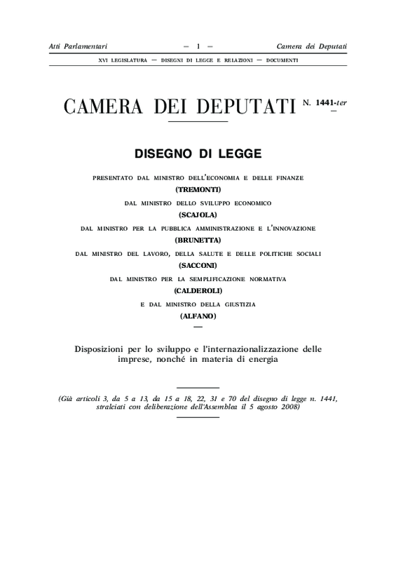 Camera dei Deputati. DdL n.1441- ter: Disposizioni per lo sviluppo e l'internazionalizzazione delle imprese, nonchè in materia di energia... - 5 ag...