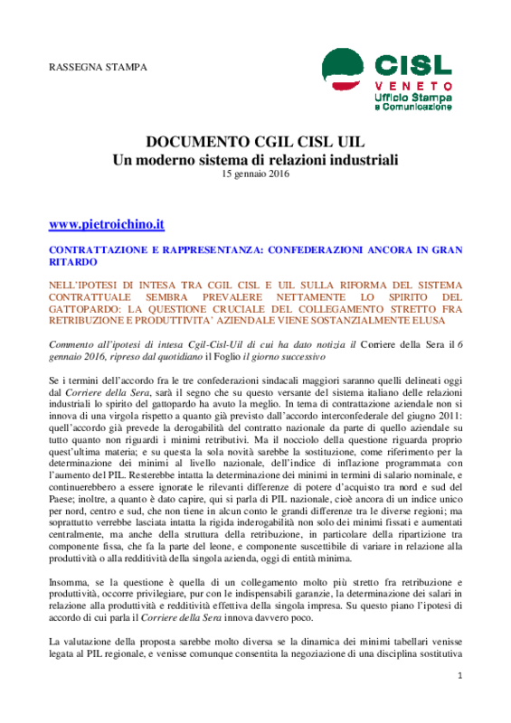 Cisl Veneto - Rassegna Stampa - Sistema relazioni industriali del 15 gennaio 2016