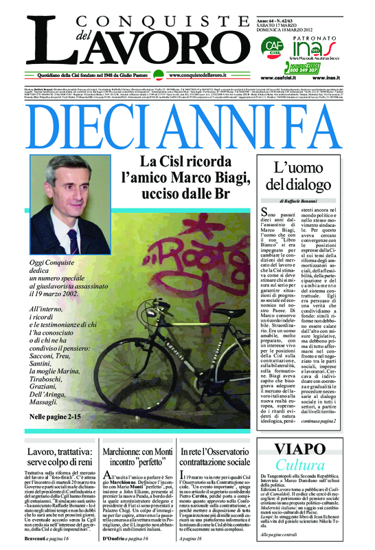 Conquiste del lavoro 19-3-2012, Prima Pagina