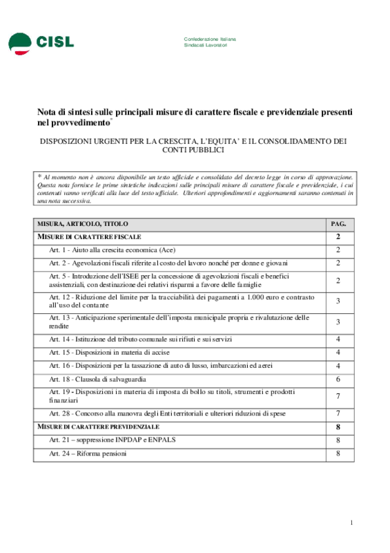 Cisl, sintesi Manovra Monti - Fisco e Previdenza