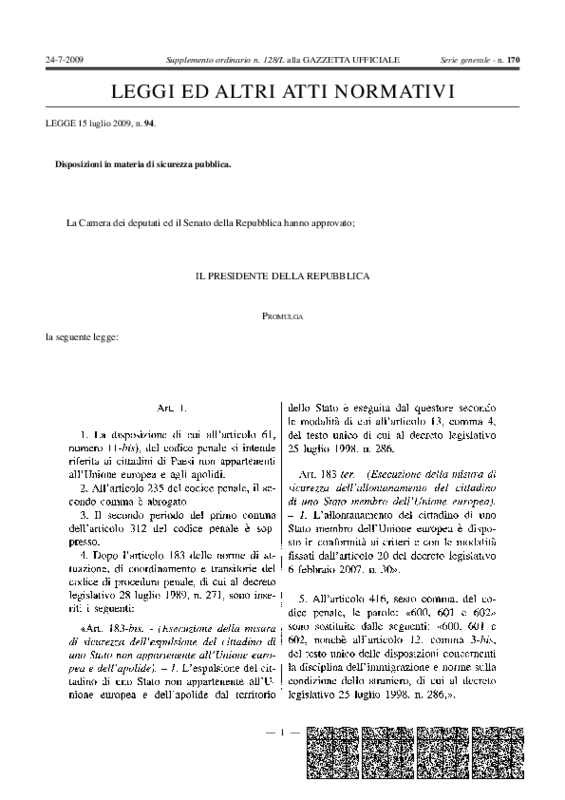 Testo di legge n.94 del 15 luglio 2009. Articoli relativi alla immigrazione.