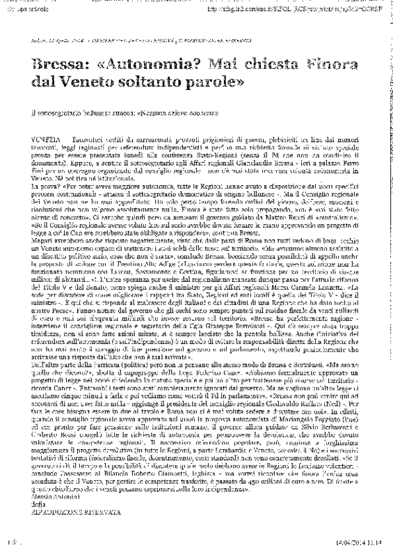 Autonomia Veneto - Bressa - Corriere della sera - 12 aprile 2014