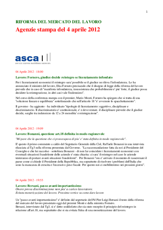 Riforma del MdL- Agenzie stampa del 4 aprile 2012