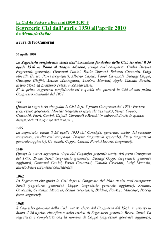 Cisl - SEGRETERIE NAZIONALI(1950-2010)