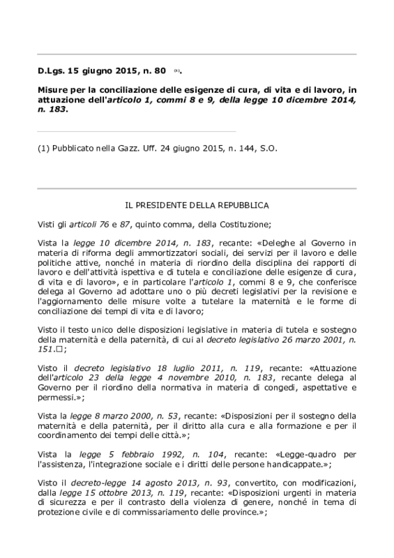 Jobs Act - DLgs n.80-2015 - Concialiazione vita-lavoro