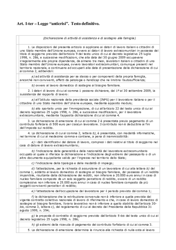 Legge 102 misure anticrisi, art.1-ter Dichiarazione di attività di assistenza e di sostegno alle famiglie. Testo definitivo.