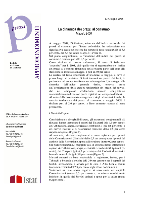 Istat: Dinamiche dei prezzi al consumo maggio 2008 [PDF 280KB]