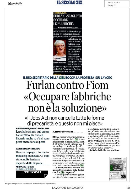 Articolo su "Il secolo XIX" del 9 ottobre 2014