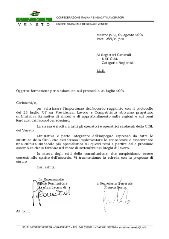 Circolare CISL Veneto sulla formazione per Sindacalisti su Protocollo del 23 Luglio 2007