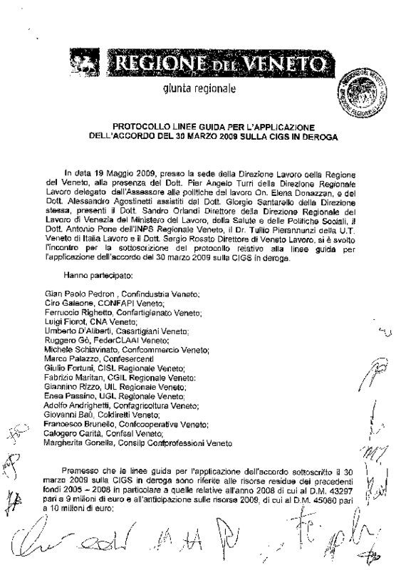 Veneto, CIGS deroga-protocollo linee guida