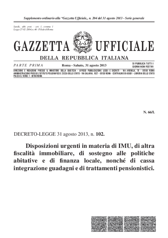 Decreto Legge n.102 del 31-08-2013 IMU, politiche abitative e finanza locale, Cig e trattamenti pensionistici