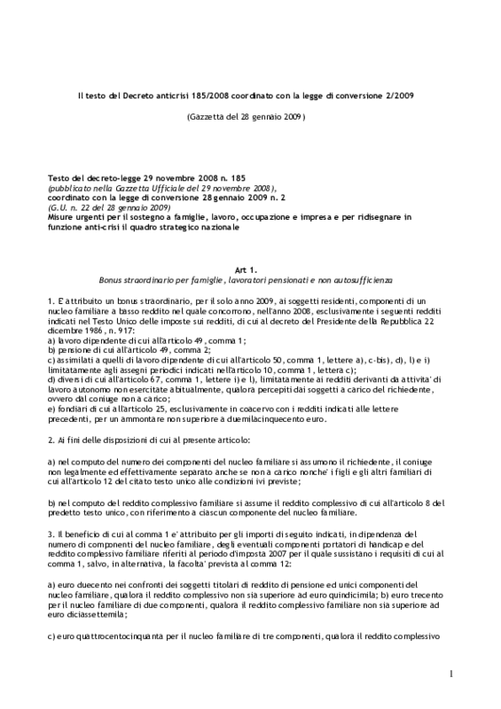 Parlamento della Repubblica. Testo coordinato DL 185/2008 con legge conversione 2/2009