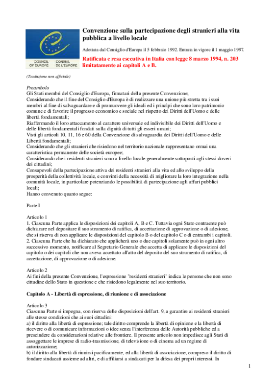 Convenzione UE sulla partecipazione degli stranieri alla vita pubblica a livello locale. Legge 203/1994