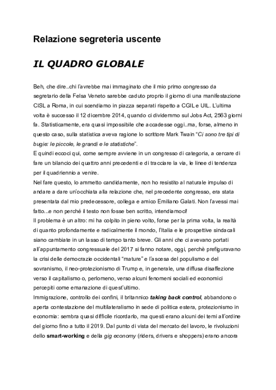 Relazione congressuale FeLSA Veneto