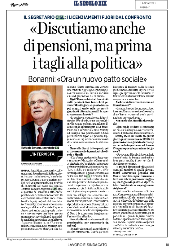 Il Secolo XIX del 11-11-2011. Intervista a Bonanni