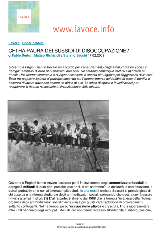 La Voce.info. Chi ha paura dei sussidi di disoccupazione? 17 febbraio 2009.