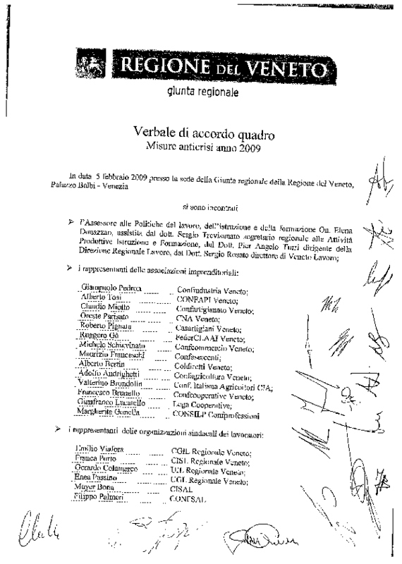 Regione Veneto e Parti Sociali, Accordo Quadro Misure Anticrisi 2009. Venezia 5 febbraio 2009