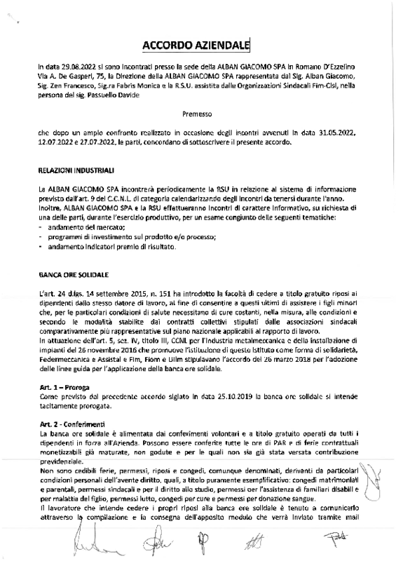 Accordo aziendale Alban Giacomo Spa di Romano D’Ezzelino