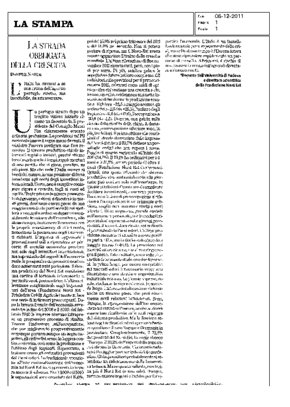 La Stampa del 6-12-2011, intervista a Daniele Marini