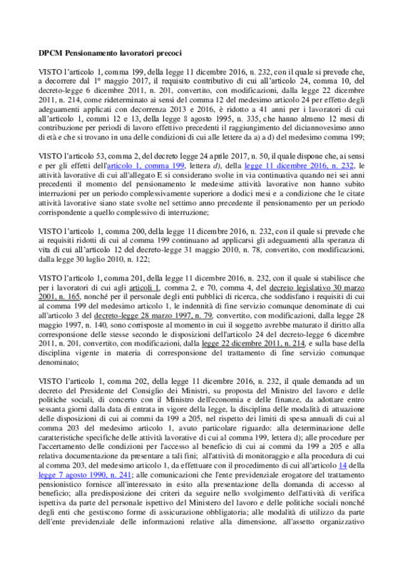 DPCM Pensionamento lavoratori precoci