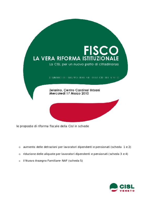 Riforma del fisco, le proposte della Cisl