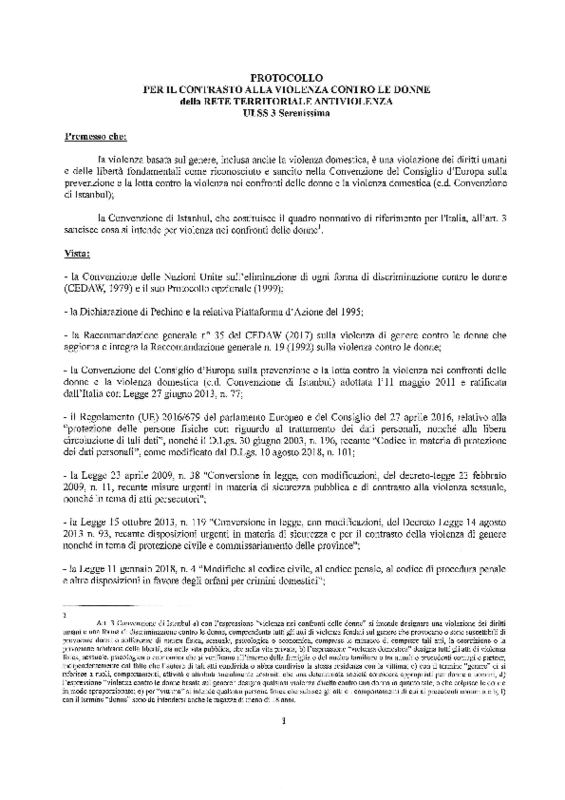 Protocollo per il contrasto alla violenza contro le donne della Rete territoriale antiviolenza Ulss 3 Serenissima (Venezia)