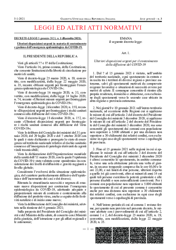 D.L. 5 gennaio 2021, n. 1 (G.U. SG n. 3 del 05.01.2021)