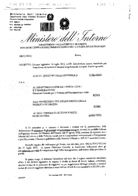 Sanatoria 2012_ Ministero Interno_ circolare n°7809 del 12-9-2012