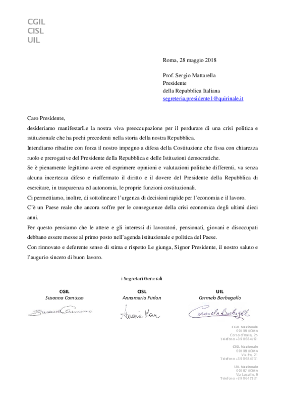 Lettera Cgil Cisl e Uil al Presidente Mattarella