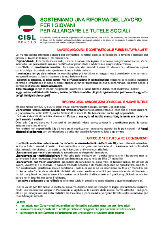 Volantino sulla Riforma Fornero del Mercato del lavoro. Cisl Veneto 26 marzo 2012