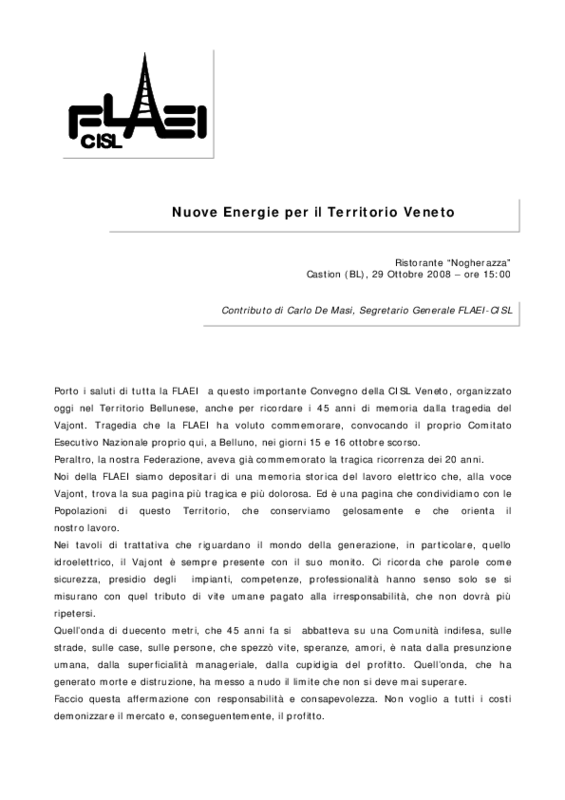 Intervento Flaei Cisl al convegno Nuove Energie per il territorio veneto. Carlo De Masi, segretario generale.