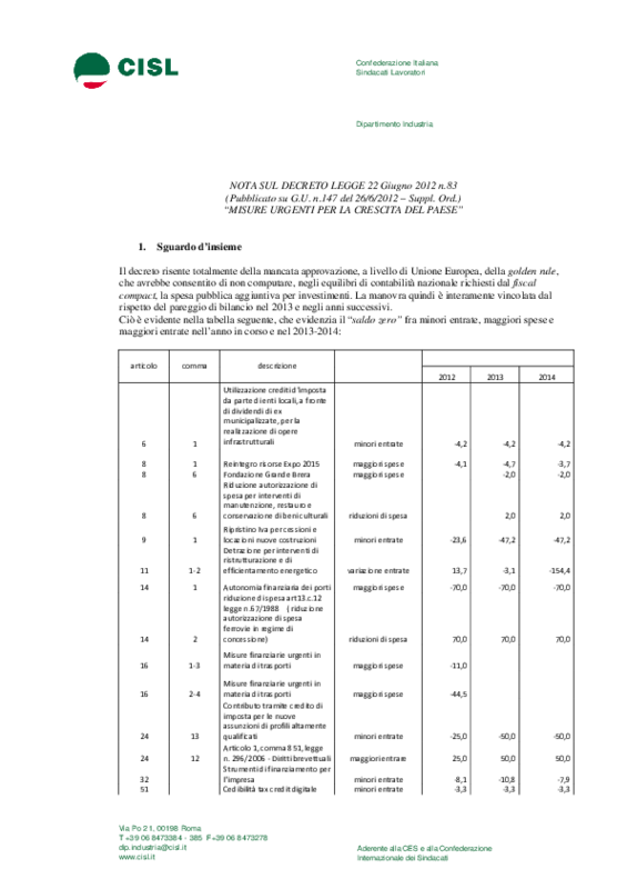 Nota Cisl su Decreto Legge 83/2012