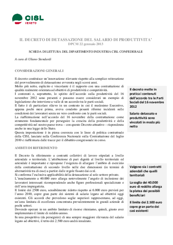 Scheda sul salario di produttività 2013. A cura di Uliano Stendardi