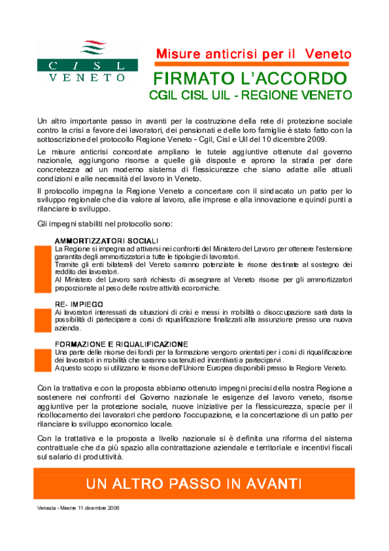 CISL Veneto. volantino informativo sul Protocollo Regione - CGIL, Cisl e UIL del 10 dicembre 2008.