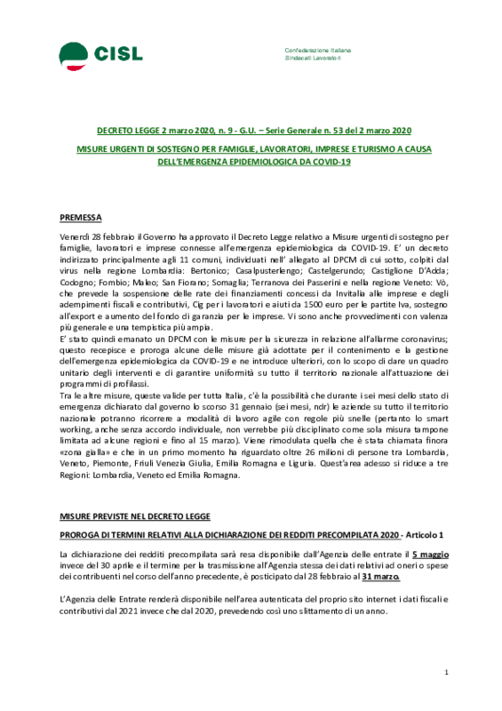 Cisl_sintesi Decreto Emergenza COVID-19_4-3-2020