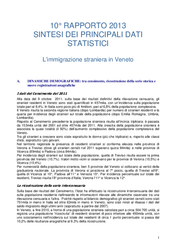 Sintesi 10° rapporto sull'immigrazione straniera in Veneto. Ottobre 2013