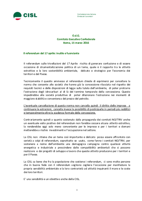 Referendum 17 aprile OdG Cisl