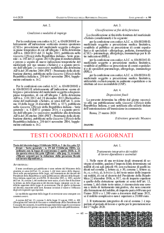 Decreto-legge 05.02.2020, n. 3 coordinato con la legge di conversione 02.04.2020, n. 21