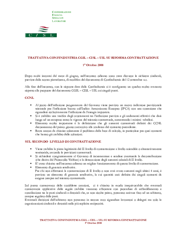 Trattativa  Confindustria - Cgil, Cisl Uil su Riforma della Contrattazione, sintesi dell'incontro del 1 ottobre 2008.